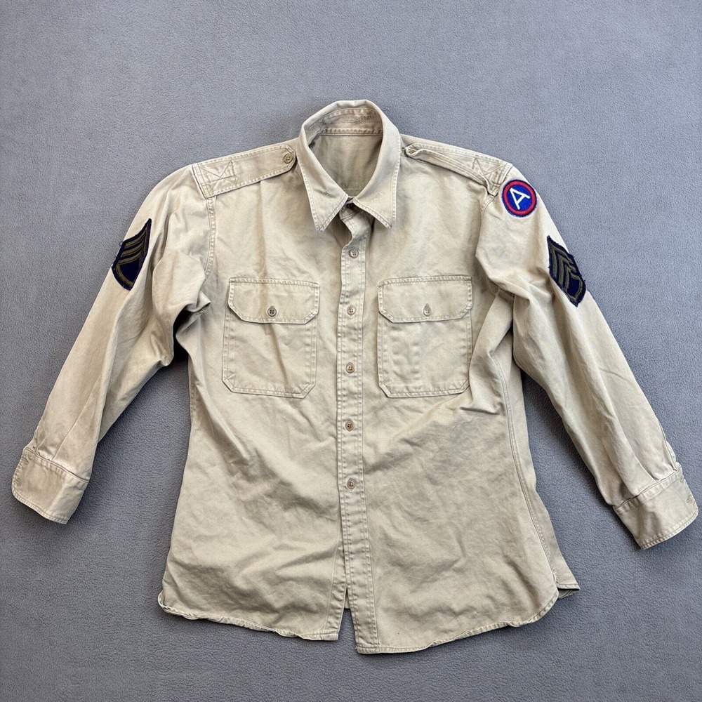 Vtg US Army Shirt Men's L Khaki Beige OG 107 Sateen Button Patches Vietnam War